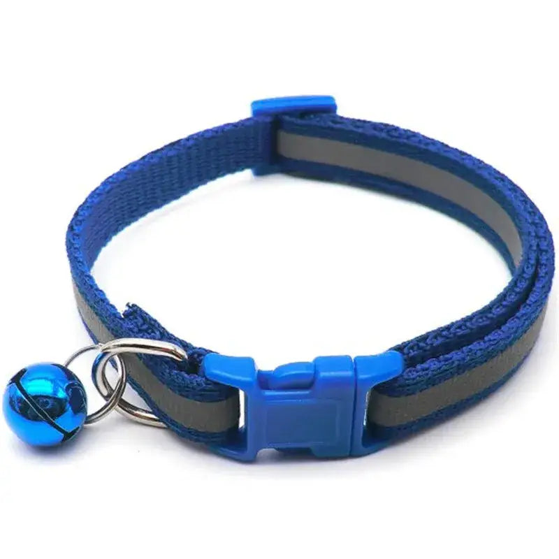 Blue and gray reflective cat collar with a small bell attached.