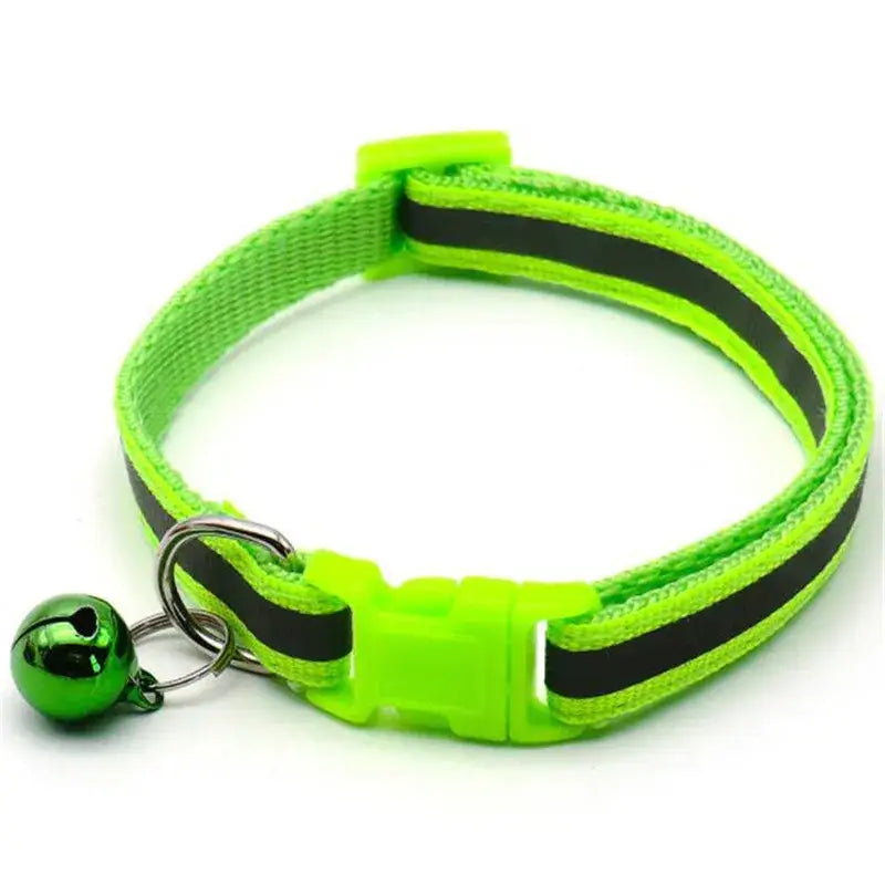 Bright green pet collar with a black stripe and small bell attached.