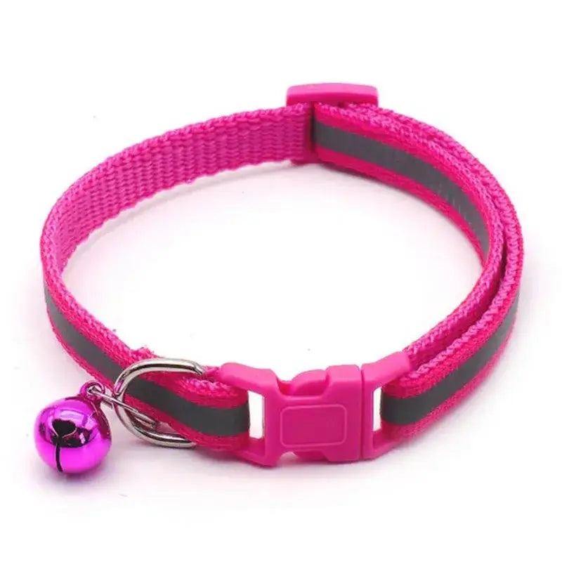 Bright pink pet collar with a reflective stripe and small bell attached.