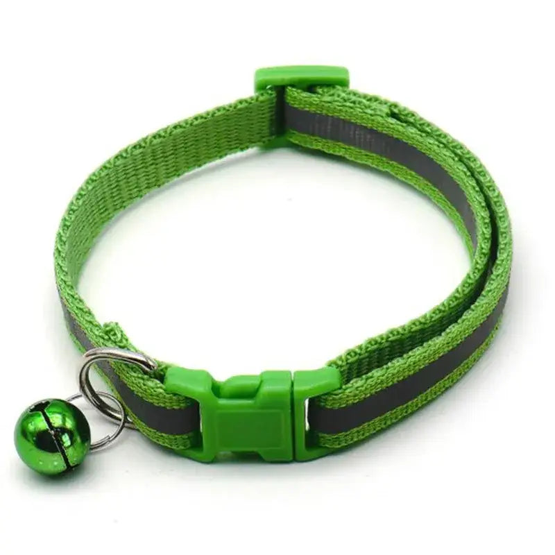 Green pet collar with a reflective stripe and attached bell.