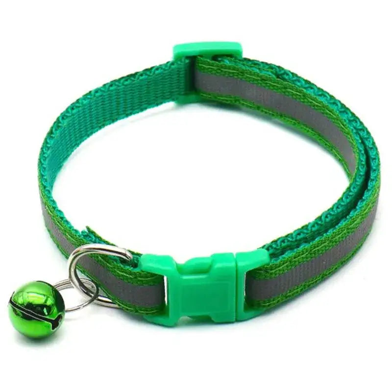 Green reflective cat collar with a bell attached.