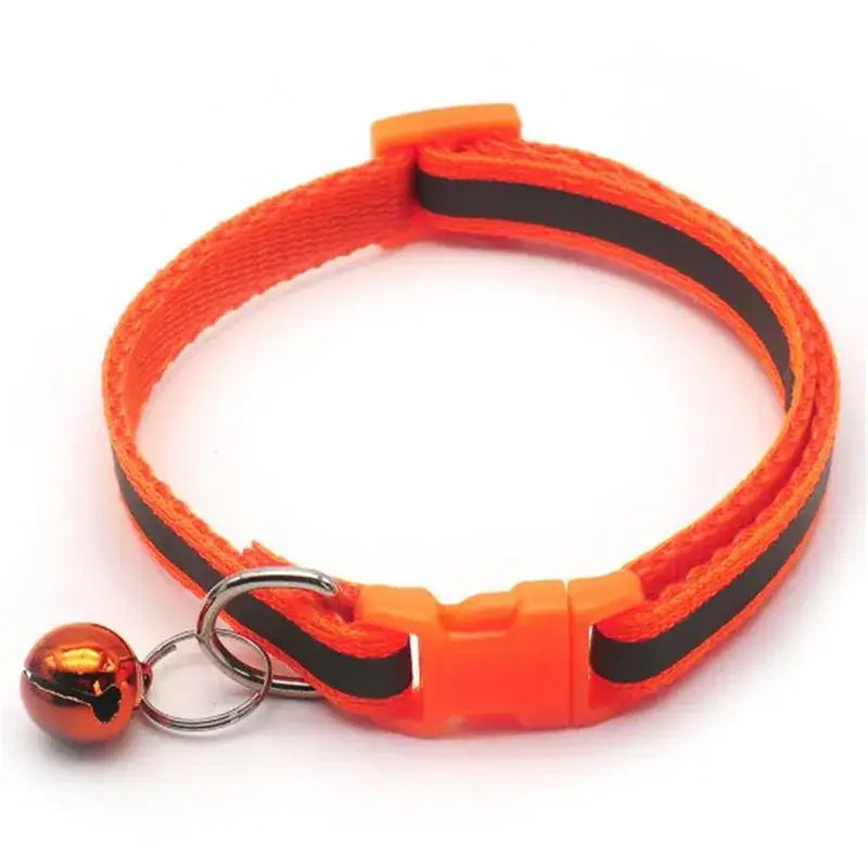 Orange and black pet collar with a small bell attached.