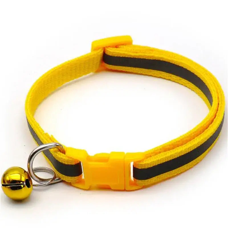 Yellow and black striped pet collar with a small golden bell attached.