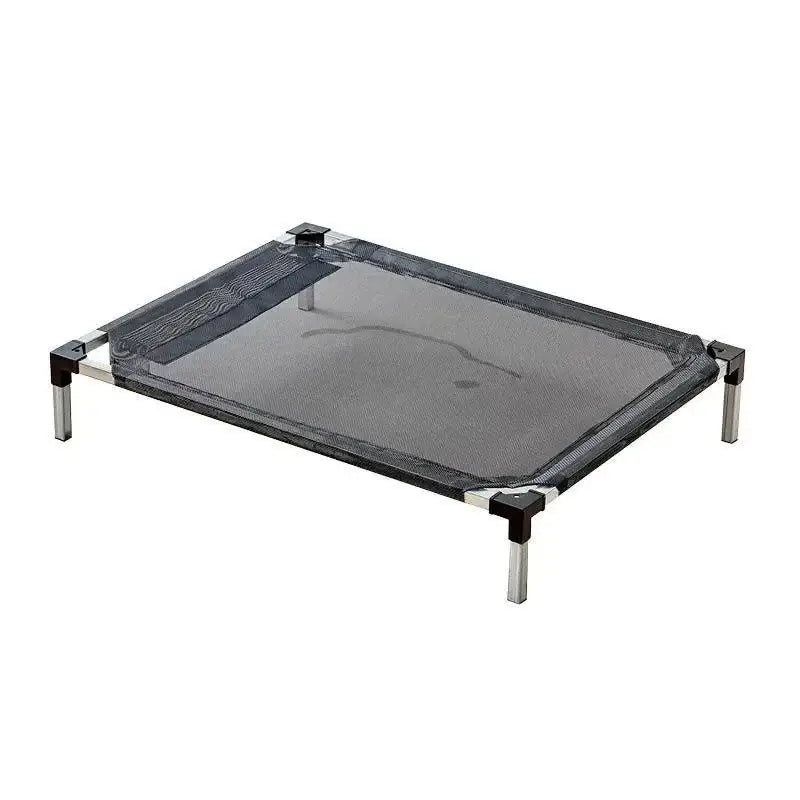 Elevated pet cot or bed with a gray mesh surface and metal legs.