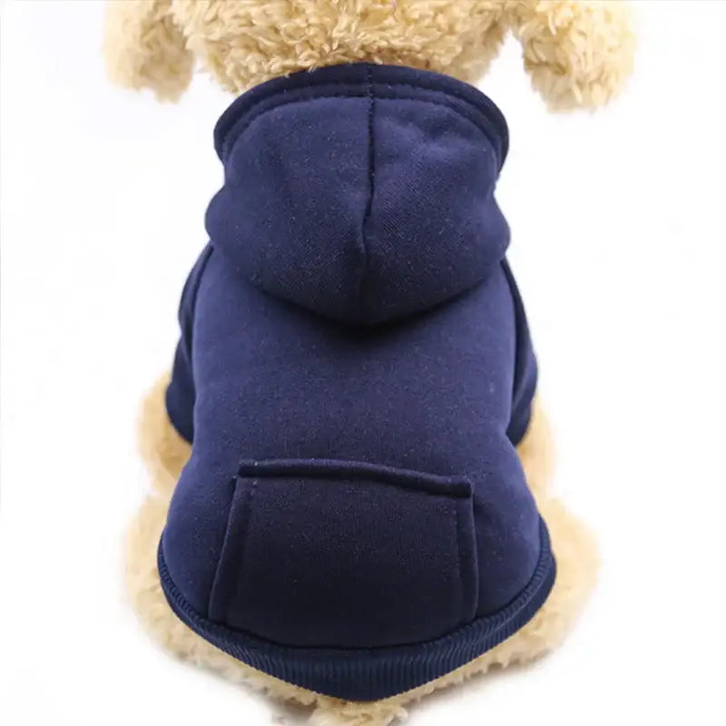 Navy blue hoodie for a dog or small pet.