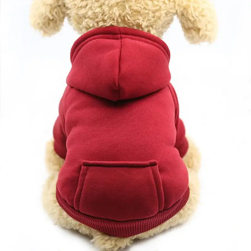 Red hooded sweatshirt for a dog or small pet.