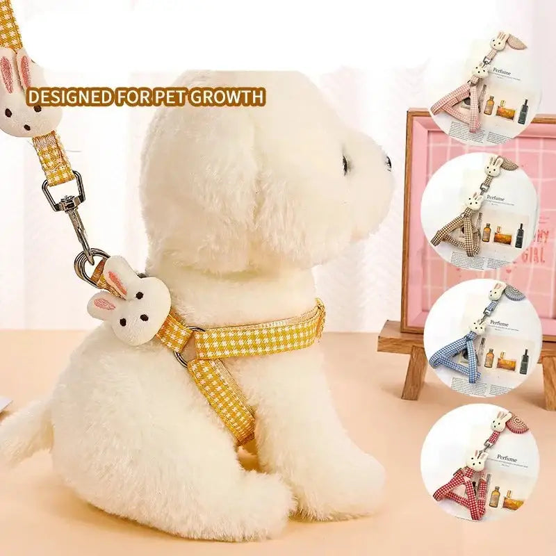 Fluffy white rabbit wearing a yellow harness.