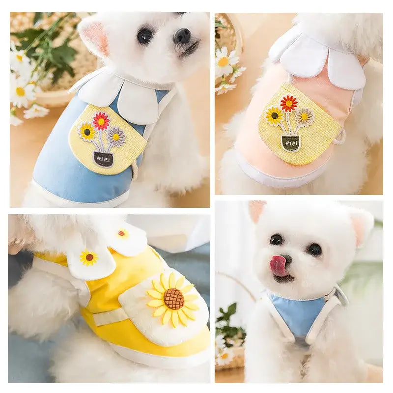 Adorable white puppy wearing different colorful floral-themed outfits or accessories.