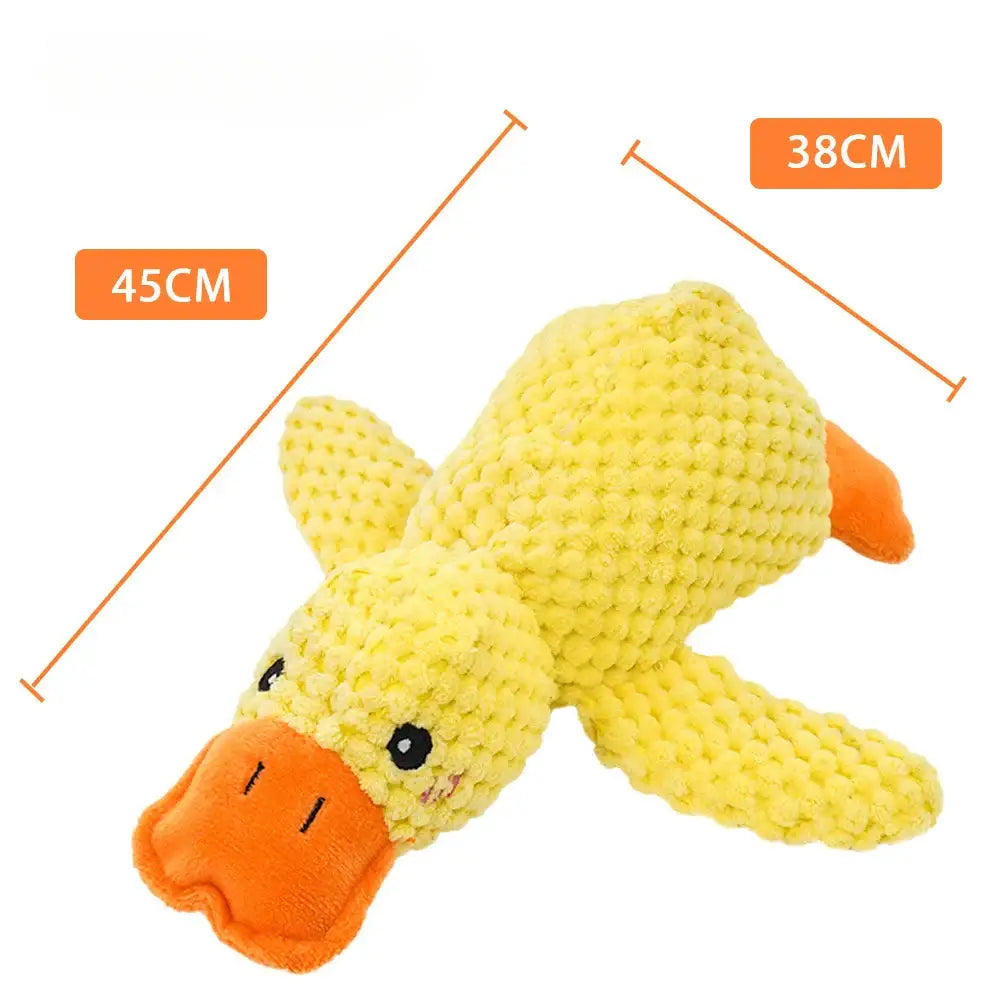 Yellow knitted duck toy with an orange beak and measurements indicated.